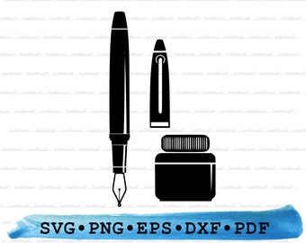 May include: Black and white silhouette of a fountain pen and a bottle of ink. The pen has a cap and a nib. The ink bottle has a lid.
