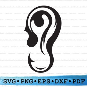 May include: Black and white silhouette of a stylized ear, with a swirl design. The image includes the text "SVG • PNG • EPS • DXF • PDF".