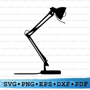 May include: Black silhouette of a desk lamp with a single arm and a round shade. The lamp is on a base with a cord.