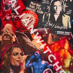 May include: Collage of images featuring the Vampire Lestat. Includes magazine covers, concert posters, and illustrations. The collage has a red, black, and white color scheme, with text like "Real men wear eye liner" and "Murder has its sexual side."
