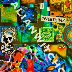 May include: A vibrant collage with the word "ITALIAN" in white, featuring colorful squares, stickers, and a lava lamp. The collage includes the words "OVERTHINK" and "BREATHE DEEPER".
