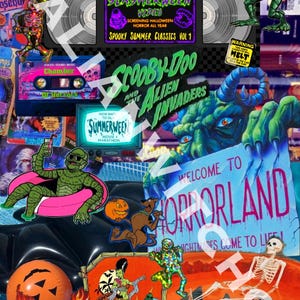 Könnte beinhalten: Eine farbenfrohe Collage mit Halloween- und Horror-Themen. Sie enthält VHS-Kassetten, Filmplakate und Zeichentrickfiguren wie Scooby-Doo und das Monster aus der schwarzen Lagune. Der Text enthält "Slasherween Video" und "Welcome to Horrorland."
