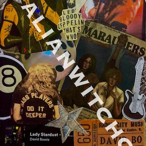 May include: A collage featuring images of rock musicians, playing cards, and concert tickets. Text includes "ITALIANWITCH", "LED BLOODY ZEPPELIN THAT'S WHO", and "Lady Stardust - David Bowie". A guitar and an eight ball are also visible.