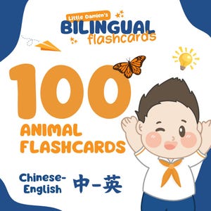 100 Flashcards de animais Chinês-Inglês | Cartões de aprendizagem para crianças | Brinquedos educativos em mandarim | Flashcards pré-escolares | Inspirado em Montessori