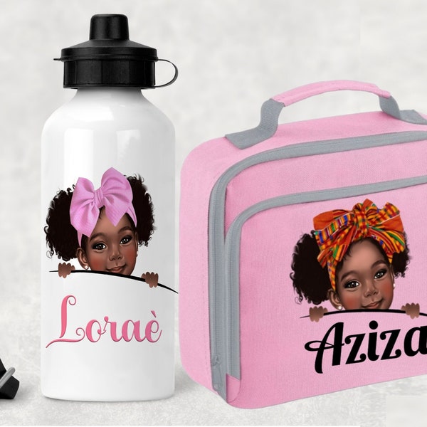 Personalised Black Girl Lunch Bag, Kente Girl preschool Bag and Water Bottle Set, Kids Nursery School PE Bag,  School Cooler Lunch Bag
