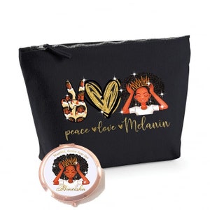 Black Queen Personalised Makeup Bag, Peace Love Melanin cosmetic bag and Mirror, customised gift for her, custom Travel, makeup organiser,