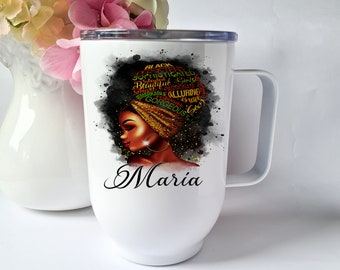 Tazza da viaggio Black Queen, tazza motivazionale personalizzata donna nera con coperchio, regalo di compleanno tazza isolata donna nera, regalo tazza di Natale