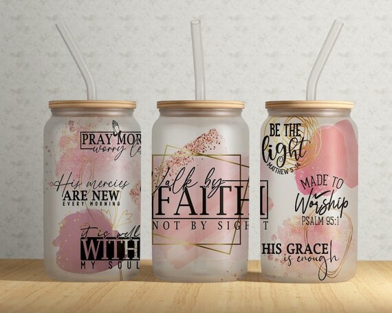 Walk By Faith Christian Libbey Glass Tumbler with Lid and Straw Walk By Faith Christian Libbey Glass Tumbler with Lid and Straw