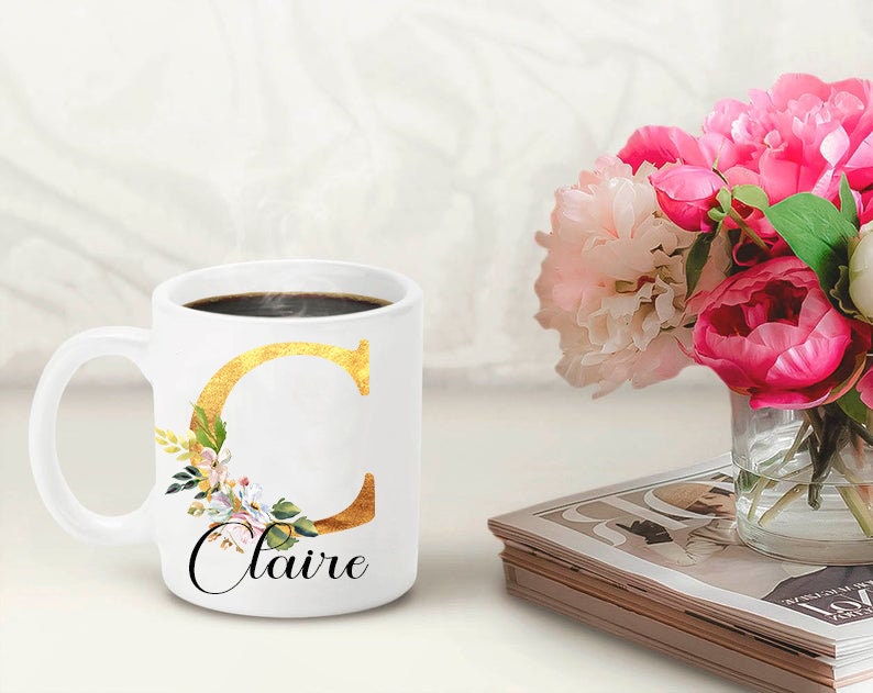 Gold Initial Floral Mug * BIRTHDAY BRIDESMAID Thank You Gift Wedding Gift Bridal