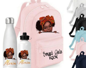 Personalised Black Girl School Backpack, Black Girl School Bag and Bottle, Kente Girl preschool Bag, Kente Girl School Bag, Nursary bag