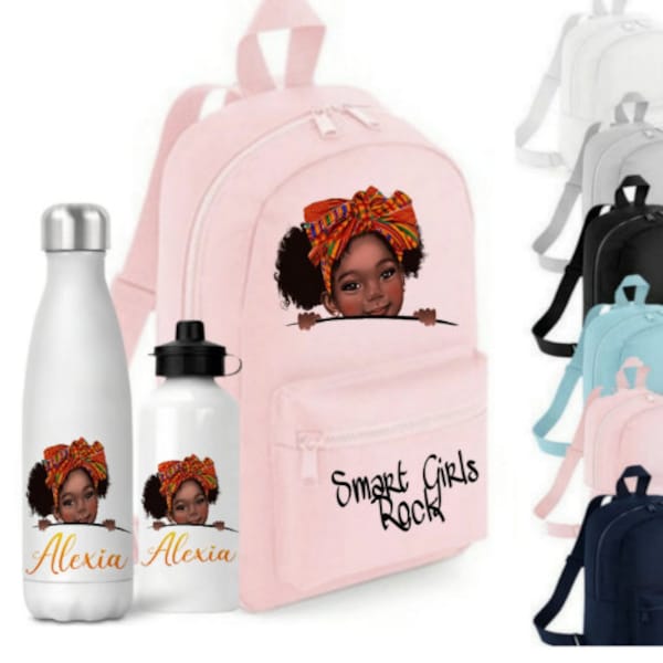 Personalised Black Girl School Backpack, Black Girl School Bag and Bottle, Kente Girl preschool Bag, Kente Girl School Bag, Nursary bag