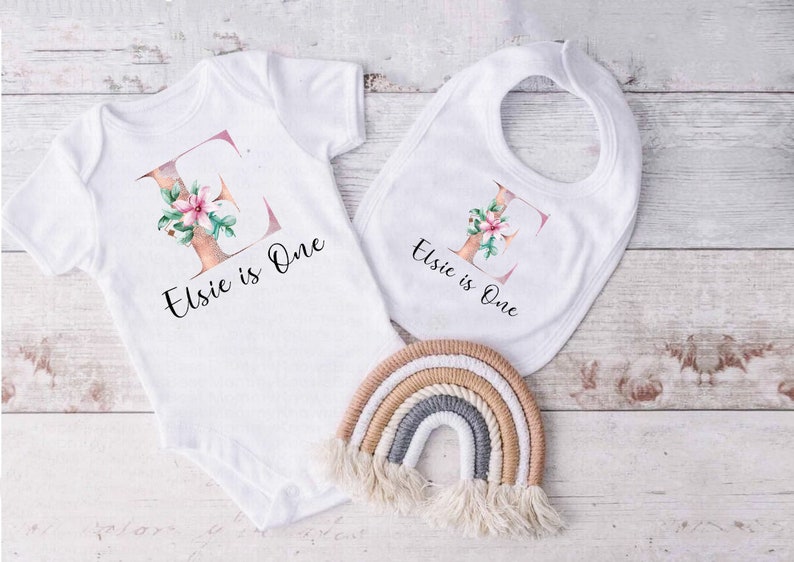 Personalised First Baby and Toddler white Body suit and Bib New Baby Gift Set Girls floral initial Letter and name