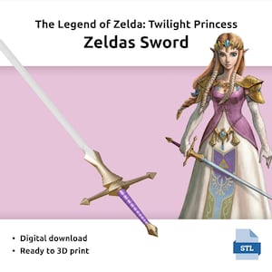 May include: A digital download of Zelda's Sword from The Legend of Zelda: Twilight Princess. The sword has a silver blade, gold hilt, and purple handle. The image also features a character from the game.
