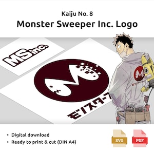 May include: A digital download of a logo for Monster Sweeper Inc., a company that appears to be involved in monster extermination. The logo features a stylized red monster with a white outline and the text "MSinc." in a white circle. The logo is also shown on a white background with the text "Monster Sweeper Inc. Logo" and "Kaiju No. 8" in black text. The image also includes a digital illustration of a person wearing a white jumpsuit with a yellow tool belt and a yellow drill. The person is wearing a white mask and has a red "M" on their chest. The text "モンスターフ" is written in Japanese on the person's jumpsuit.