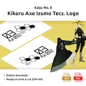 Könnte beinhalten: Ein Schwarz-Weiß-Logo-Design für Kikoru Axe Izumo Tecs. Das Logo zeigt eine stilisierte Zahl 3 und den Text "Ax-0112" mit den Worten "Izumo Tecs." darunter. Das Logo befindet sich auf einem weißen Hintergrund.
