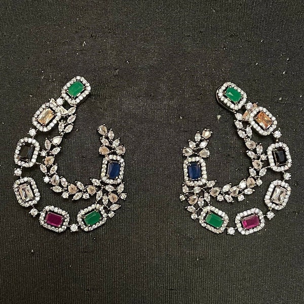 Navratan earcuff~modern earcuff~navaratana~modern earwrap~earcuff jewelry~CZ crystal~silver earcuff~multicolor earring~modern indian jewelry