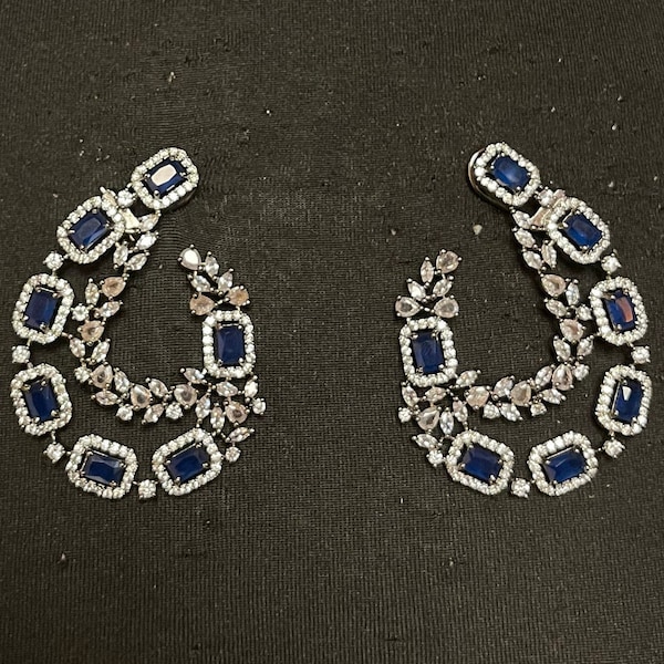 Blue CZ crystal~royal blue earcuff~cz gem~modern earwrap~blue earcuff jewelry~square cut CZ~silver earcuffs~CZ earring~modern indian jewelry