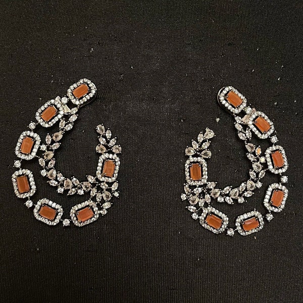 Silver Plated Earcuff~Orange CZ Gems~Modern Earwrap~Earcuff jewelry~square cut CZ~Silver Earcuffs~CZ crystal Earrings~Ear climbers~Indian