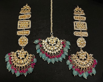 Blue & pink maang tikka set~bridal earring climber~gold maang tikka set~kundan earclimbers~pearl maang teekha~Unique Asymmetric design~onyx