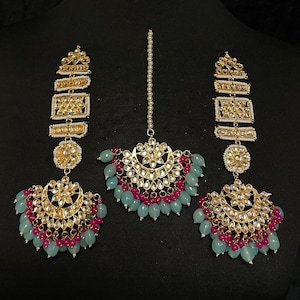 Blue & pink maang tikka set~bridal earring climber~gold maang tikka set~kundan earclimbers~pearl maang teekha~Unique Asymmetric design~onyx