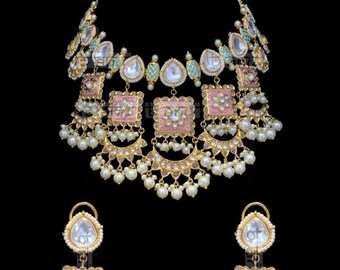 Palavi Meenakari Set~meenakari pearl jewellery~enameled jewelry~kundan gems~multicolor choker~faux pearl drops~sangeet jewelry set
