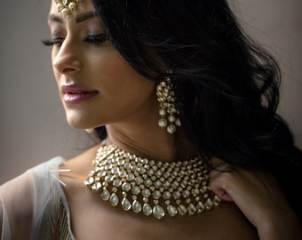 Malavi Set - Pearl jewelry~statement jewelry~kundan stones~pearl drops~kundan jewelry set~gold plated~kundan choker~pearl earrings