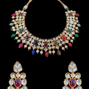 Zaheeb Navrattan kundan set~multi color choker~ruby earrings~pearl drops~Kundan Bridal jewelry~gold plated~pearl bead set~vibrant set