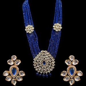 Fariha Kundan Pendant Set - Sapphire kundan~sapphire drops~blue mala~layered necklace~mala jewelry~blue jhumka earrings~sapphire beads