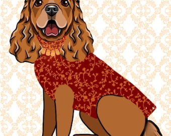 May include: A brown and white cocker spaniel dog wearing a red and orange floral patterned waistcoat. The dog is sitting on a white background with a gold pattern.