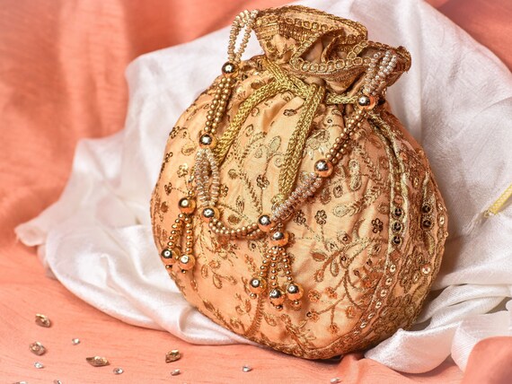 Indian Embroidery Gold Potli Bag Purse Handbag Wedding Pearl | Etsy UK