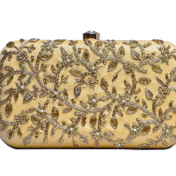 Sweetsun- Yellow Embroidered Evening Clutch with Detachable Strap~womens clutch~evening bag~ethnic clutch bag~antique bags~indian Clutch bag