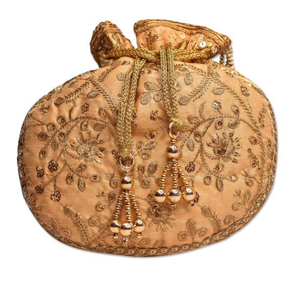 Sunehra - Gold Potli Bag with Pearl Handle Straps~potli bag for women~zari potli evening bag~ethnic bags~antique potli bags~indian potli bag