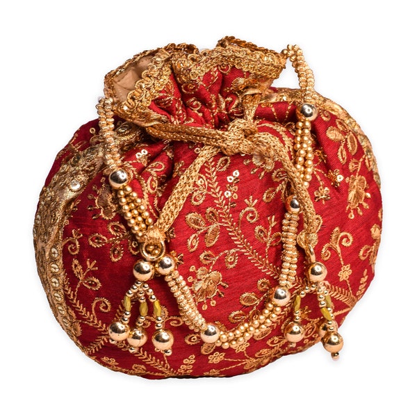 Dulhan - Pearl Handle Straped Red Ladies Potli Bag~potli bag for women~zari potli evening bag~ethnic bags~antique potli bag~indian potli bag