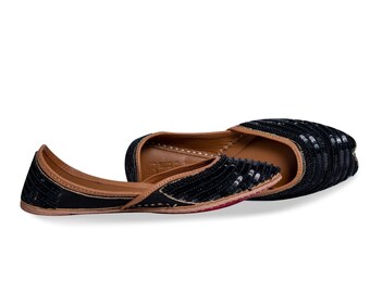 Black Sequins & Beaded Women's Punjabi Jutti, Khussa, Mojari, Bridal, Jutti leren schoen, jutti schoenen voor dames, Pakistaanse jutti, platte schoen