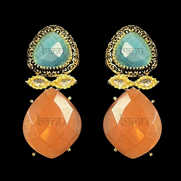 Arull I - Modern Turquoise Kundan Indian Earrings w/ Orange Onyx Drop