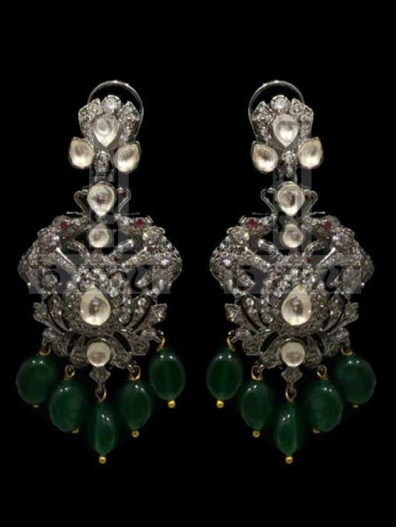 victorian jadau earrings silver jewelry emerald drops statement earrings diamond earrings sabyasachi jewelry Indian bridal jewelry