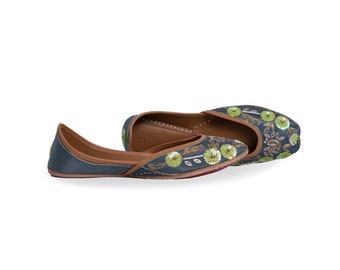 Blue-Green Floral Work Ladies Punjabi Jutti, Khussa, Mojari, Bridal, Jutti leather shoes, pakistani jutti, flat shoes, jutti shoes for women