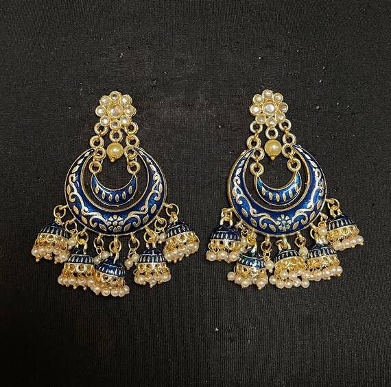 Royal Chandbali earrings blue earrings Chandbali Earrings royal blue Meenakari traditional jewelry pearl drops blue bridal meenakari earring
