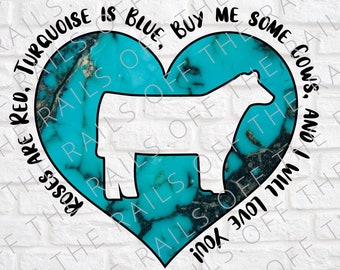 Turquoise Cow Valentines PNG: Roses are Red Design (Digital Download)