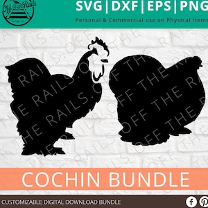 May include: Black and white silhouette of two Cochin chickens, one rooster and one hen, against a white brick background. The image is labeled "Cochin Bundle" and "Customizable Digital Download Bundle".