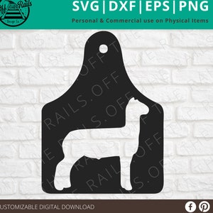 May include: Black and white digital design featuring a dog silhouette within a tag shape. The design includes the text "SVG | DXF | EPS | PNG" and "Personal & Commercial use on Physical Items". The design is a customizable digital download.