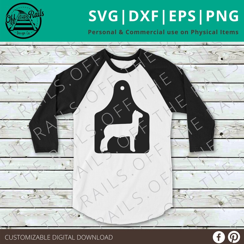 May include: A white and black raglan shirt featuring a black silhouette of a sheep inside a tag. The shirt has black sleeves and a white body. Text on the image includes "SVG | DXF | EPS | PNG" and "Personal & Commercial use on Physical Items."