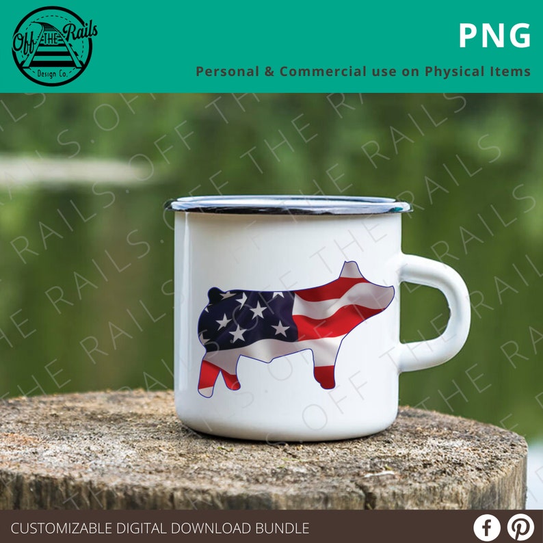Peut inclure: Une tasse en &eacute;mail blanc avec un bord et une poign&eacute;e noirs. La tasse pr&eacute;sente une silhouette de cochon avec un motif de drapeau am&eacute;ricain.