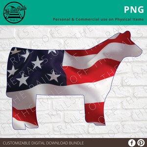 Peut inclure: Un t&eacute;l&eacute;chargement num&eacute;rique d'une silhouette de vache avec un motif de drapeau am&eacute;ricain. Le drapeau est rouge, blanc et bleu avec des &eacute;toiles et des rayures. Le motif est personnalisable et peut &ecirc;tre utilis&eacute; &agrave; des fins personnelles ou commerciales.