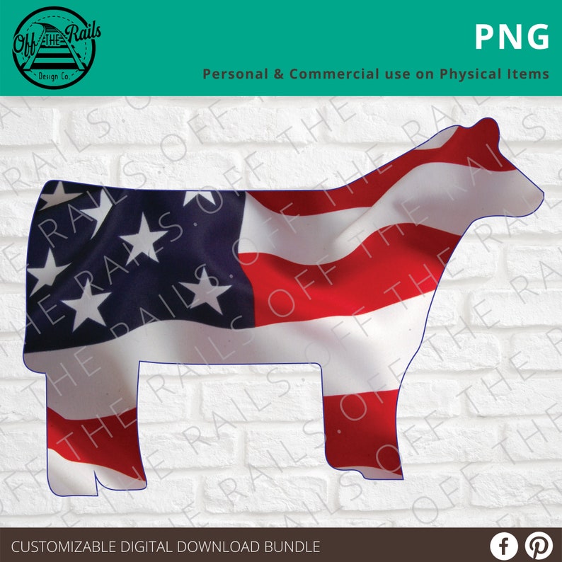 Peut inclure: Un t&eacute;l&eacute;chargement num&eacute;rique d'une silhouette de vache avec un motif de drapeau am&eacute;ricain. Le drapeau est rouge, blanc et bleu avec des &eacute;toiles et des rayures. Le motif est personnalisable et peut &ecirc;tre utilis&eacute; &agrave; des fins personnelles ou commerciales.