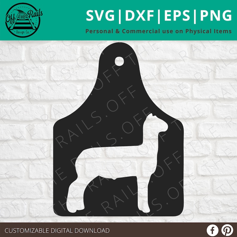 May include: Black and white digital design featuring a dog silhouette within a tag shape. The design includes the text "SVG | DXF | EPS | PNG" and "Personal & Commercial use on Physical Items". The design is a customizable digital download.