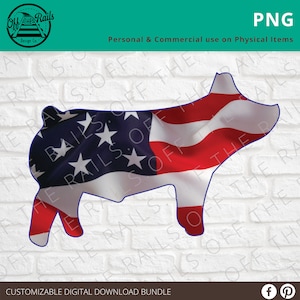 Peut inclure: T&eacute;l&eacute;chargement num&eacute;rique d'une silhouette de cochon avec un motif de drapeau am&eacute;ricain. Le cochon est d&eacute;limit&eacute; en noir et le drapeau est rouge, blanc et bleu.