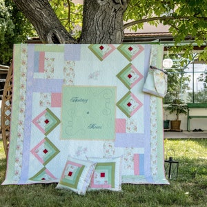 Log Cabin Patchwork Quilt | Two-sided quilt | Quilt Pillowcase Kit | Green pink Quilt | Patchwork Blanket | Wedding Anniversary Gift