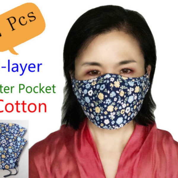 Reusable and Washable Cotton Face Masks with a Filter pocket and nose wire, 2 pcs