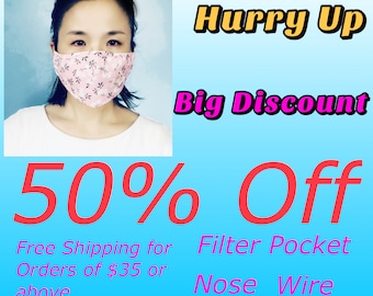 Reusable and Washable, Unisex, Cotton Face Masks with a Filter pocket and nose wire; 3 layers